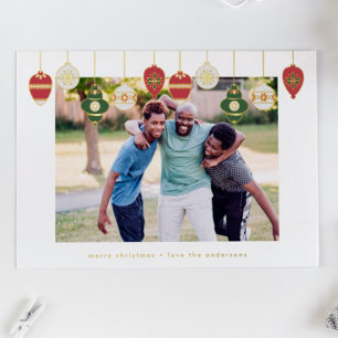 custom gold outlined ornaments red green photo foil holiday card
