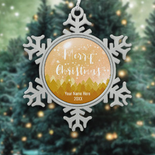 Custom Gold Peaceful Snow Forest Merry Christmas Snowflake Pewter Christmas Ornament
