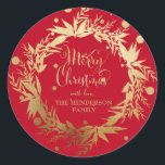 Custom Gold Red Christmas Eucalyptus Wreath Classic Round Sticker<br><div class="desc">Here's a lovely choice to label your Christmas gifts, goodies, envelopes or anyplace else you might want to send greetings this Christmas holiday season. This design features a gorgeous wreath of eucalyptus sprigs, leaves, and foliage with berries in faux gold foil. Inside the wreath are the words "Merry Christmas" in...</div>