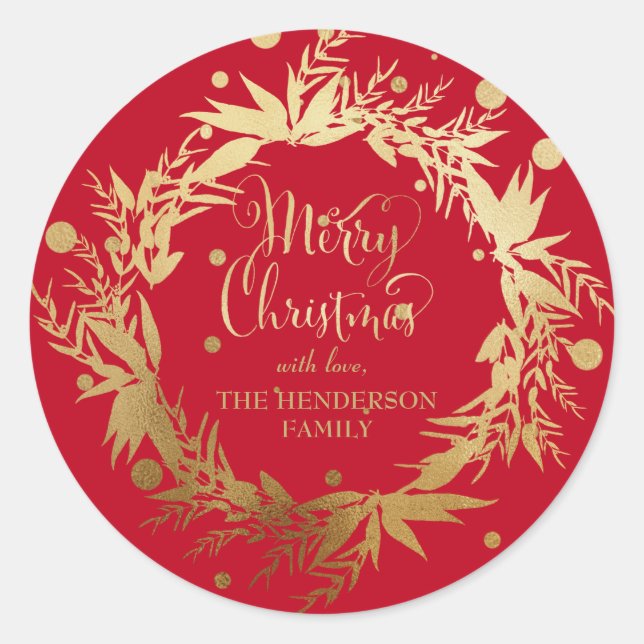 Custom Gold Red Christmas Eucalyptus Wreath Classic Round Sticker (Front)