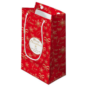 Custom Gold Red Joy Peace Love Snowflake Pattern Small Gift Bag