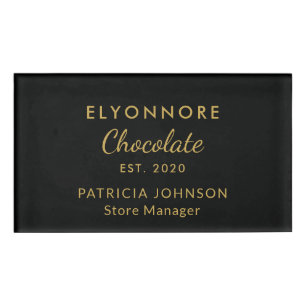 Custom Gold Script Minimal Chocolate Brand Staff Name Tag