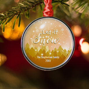 Custom Gold Snowy Forest Merry Christmas Metal Ornament