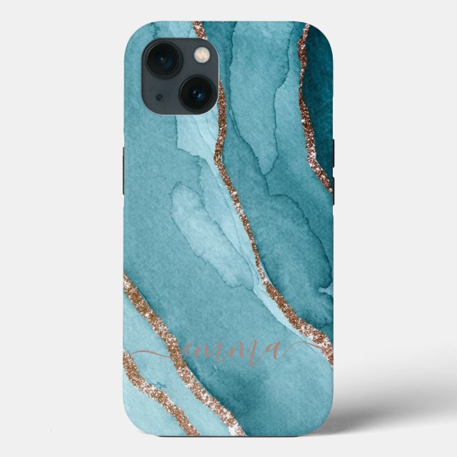 Custom Gold Teal Blue Marble Cell Phone 11 12 Max Case-Mate iPhone Case (Back)
