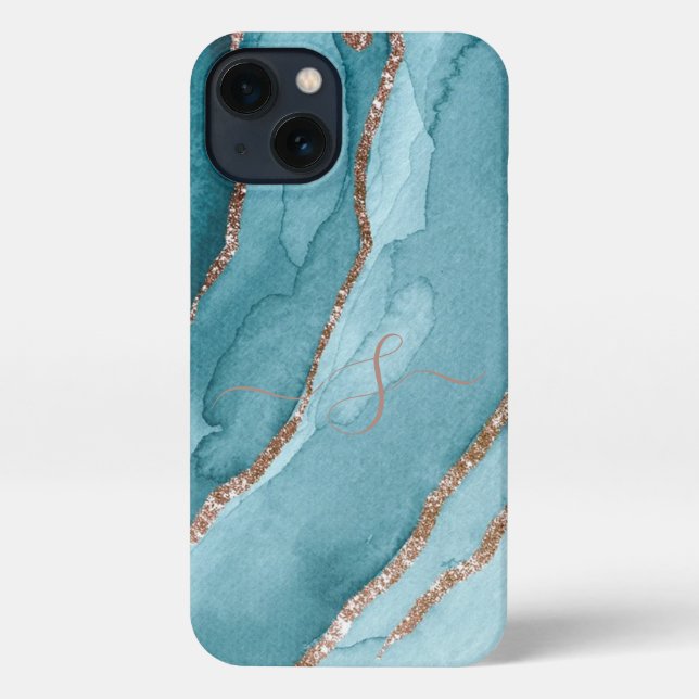 Custom Gold Teal Blue Marble Cell Phone 11 12 Pro iPhone Case (Back)