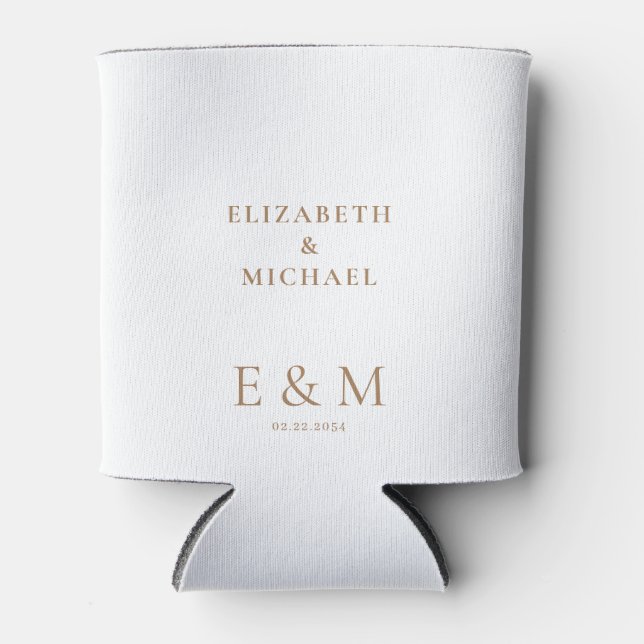 Custom Gold Text White Wedding Can Cooler (Front)