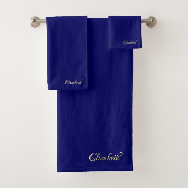 Custom Gold Typography Name Navy Blue Template Bath Towel Set (Insitu)
