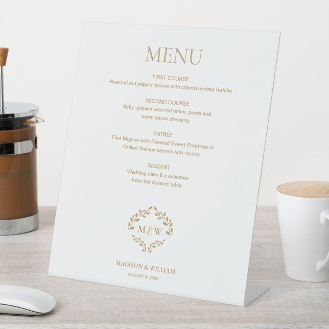 Custom Gold Wedding Menu Sign with Monogram Crest (In SItu)