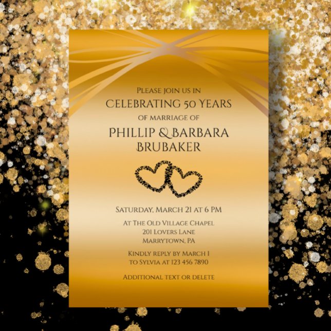 Custom Golden 50th Anniversary Original Heart Arch Invitation (Golden Arches 50th Wedding Anniversary celebration party invitation with custom elegant black script)