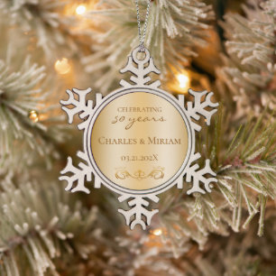 Custom Golden 50th Wedding Anniversary Gift Snowflake Pewter Christmas Ornament