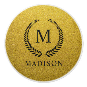 Custom Golden Black and Gold Glitter Monogram Ceramic Knob