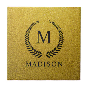 Custom Golden Black and Gold Glitter Monogram Ceramic Tile