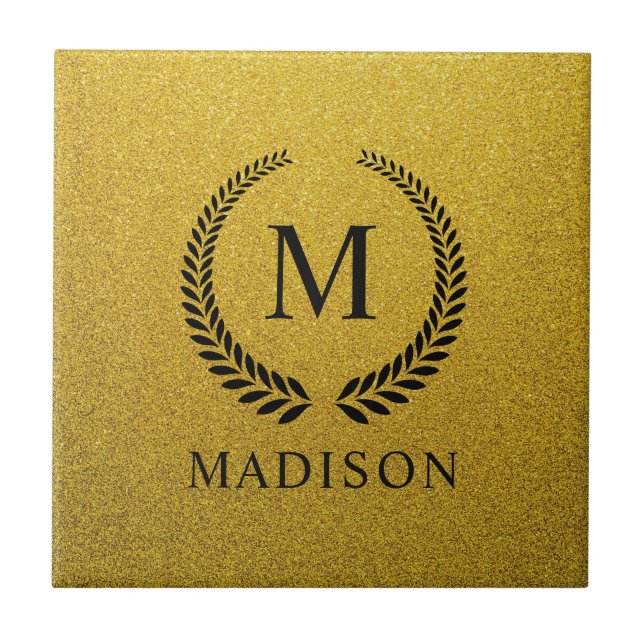 Custom Golden Black and Gold Glitter Monogram  Ceramic Tile (Front)