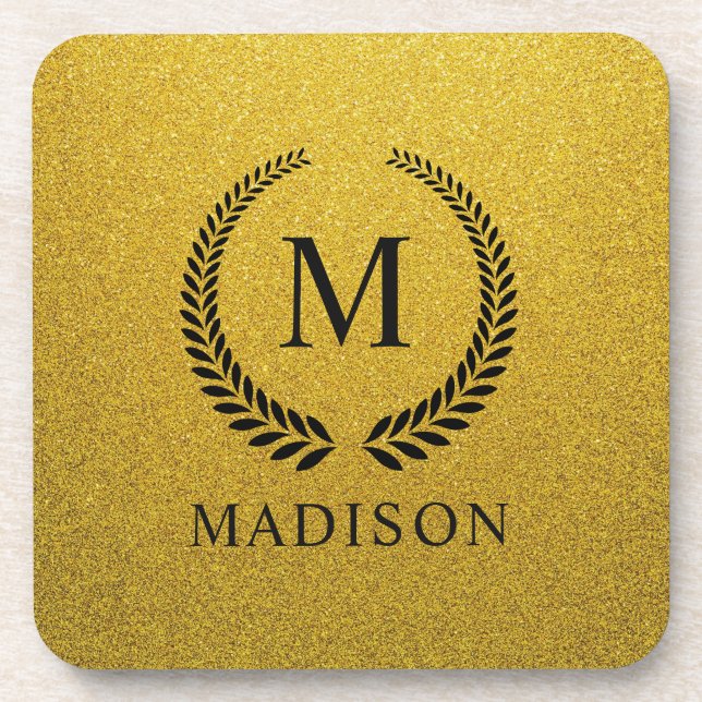 Custom Golden Black and Gold Glitter Monogram  Coaster (Front)