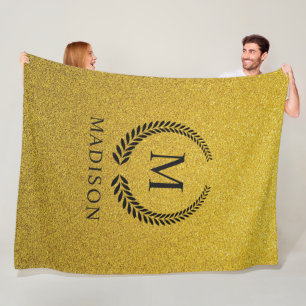 Custom Golden Black and Gold Glitter Monogram  Fleece Blanket