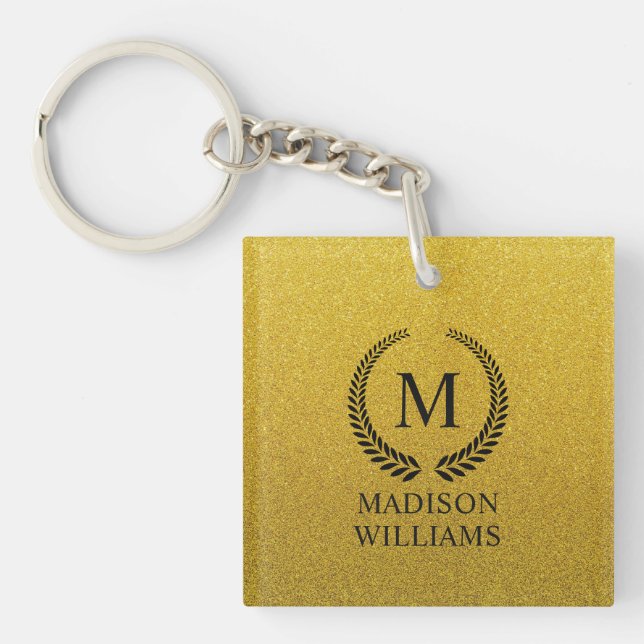 Custom Golden Black and Gold Glitter Monogram Key Ring (Front)