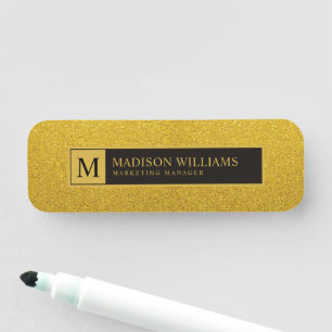 Custom Golden Black and Gold Glitter Monogram Name Tag