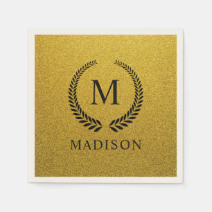 Custom Golden Black and Gold Glitter Monogram Napkin
