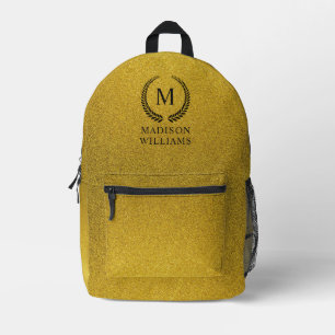 Custom Golden Black and Gold Glitter Monogram Printed Backpack