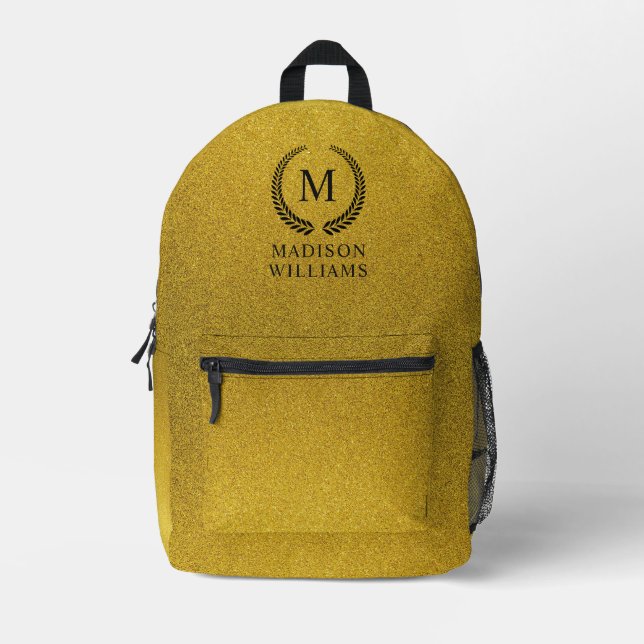Custom Golden Black and Gold Glitter Monogram  Printed Backpack (Front)