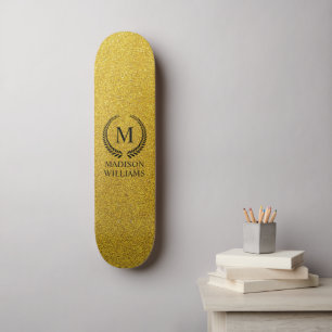 Custom Golden Black and Gold Glitter Monogram Skateboard