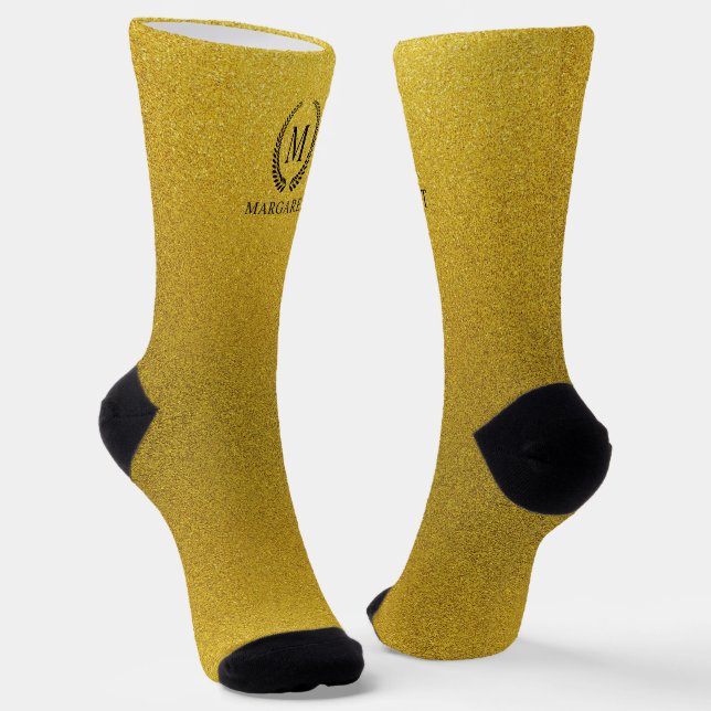 Custom Golden Black and Gold Glitter Monogram Socks (Angled)