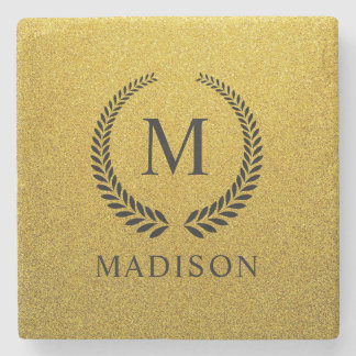 Custom Golden Black and Gold Glitter Monogram Stone Coaster