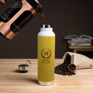 Custom Golden Black and Gold Glitter Monogram Water Bottle