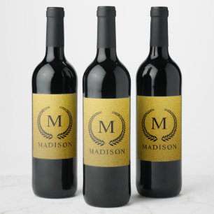 Custom Golden Black and Gold Glitter Monogram Wine Label