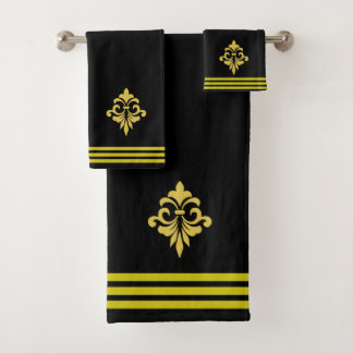 Custom Golden Fleur de Lis, Three Stripes on Black Bath Towel Set