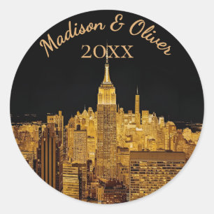 Custom Golden Night Skyline wedding  Classic Round Sticker