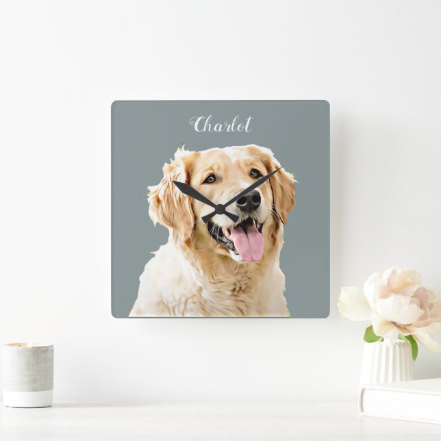 Custom Golden Retriever Dog Personalised Drawn Square Wall Clock (Home)