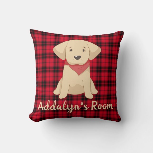 Custom Golden Retriever Puppy Red Buffalo Plaid Cushion (Front)