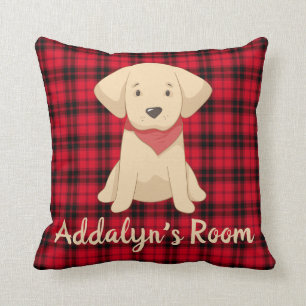 Custom Golden Retriever Puppy Red Buffalo Plaid Cushion