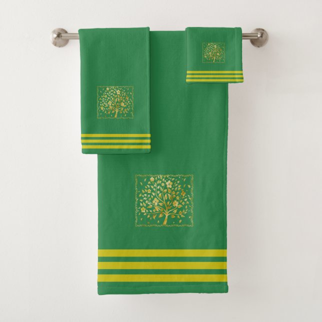Custom Golden Tree, Three Stripes on Forest Green Bath Towel Set (Insitu)