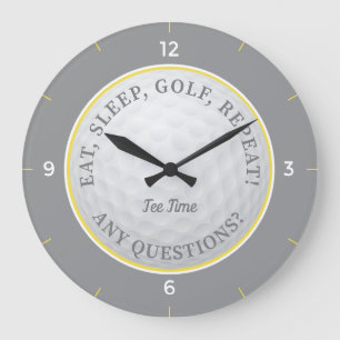 Custom Golf Ball Sports Golfer Quote Gray & Yellow Large Clock