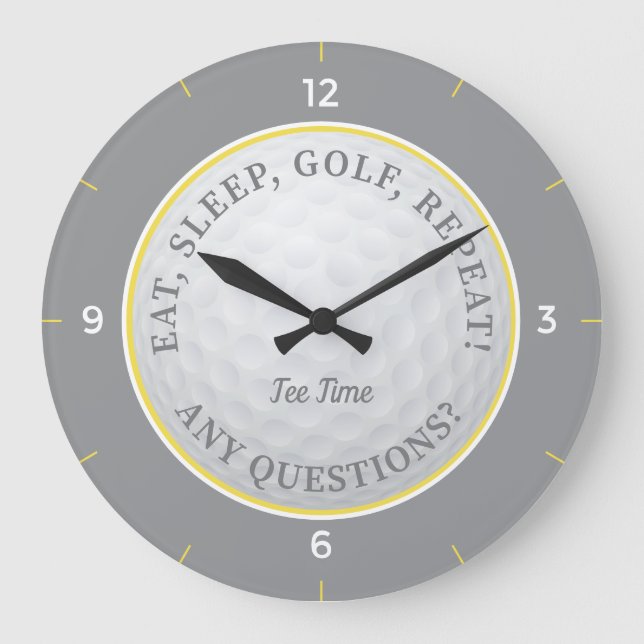 Custom Golf Ball Sports Golfer Quote Gray & Yellow Large Clock (Front)