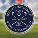 Custom Golf Hole in One Award Navy Blue Metal Ornament<br><div class="desc">Personalise the name,  location hole number and date to create a great golf keepsake to celebrate that fantastic hole in one. Designed by Thisisnotme©</div>