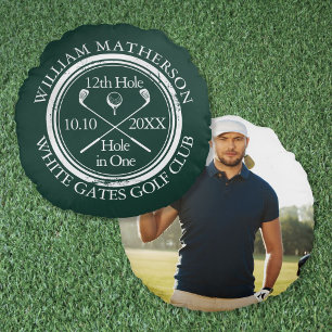 Custom Golf Hole in One Photo Emerald Green Round Cushion