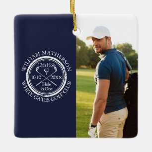 Custom Golf Hole in One Photo Golfer Navy Blue Ceramic Ornament