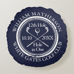 Custom Golf Hole in One Photo Navy Blue Round Cushion