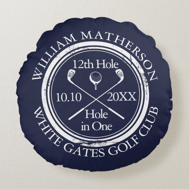 Custom Golf Hole in One Photo Navy Blue Round Cushion (Front)