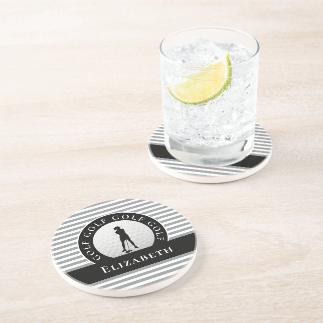 Custom Golfer Monogrammed Name Grey Black Chic  Coaster (Side)