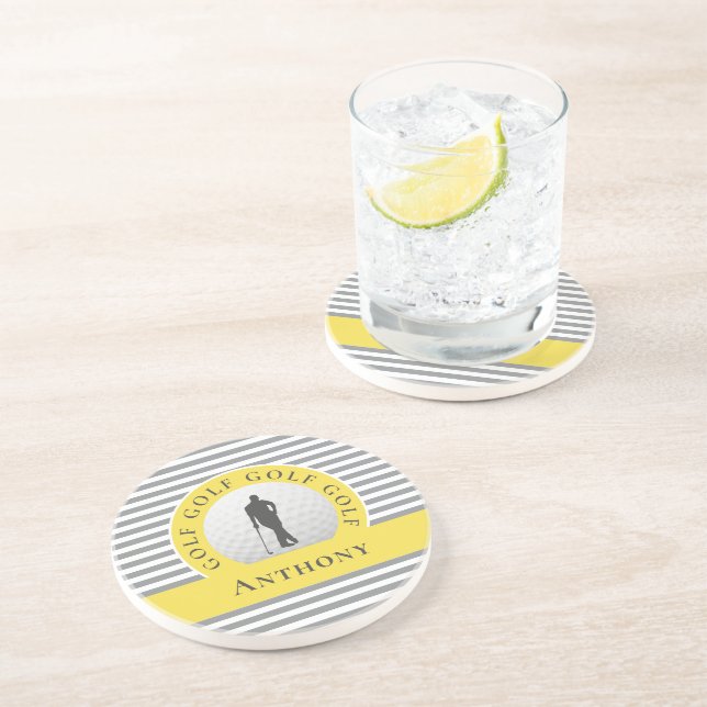 Custom Golfer Monogrammed Name Grey Yellow For Him Coaster (Side)
