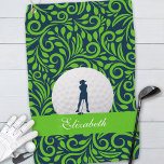 Custom Golfer Silhouette Blue Green Pattern Golf Towel<br><div class="desc">Your favourite golfer will love this design created especially for her in navy and bright green. Female golfer silhouette is placed on a realistic image of a golf ball. A coordinating ribbon completed in green is positioned slightly below the golfer and is the template for custom name or text in...</div>