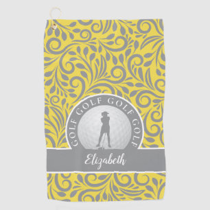 Custom Golfer Silhouette Chic Pattern Yellow Grey Golf Towel
