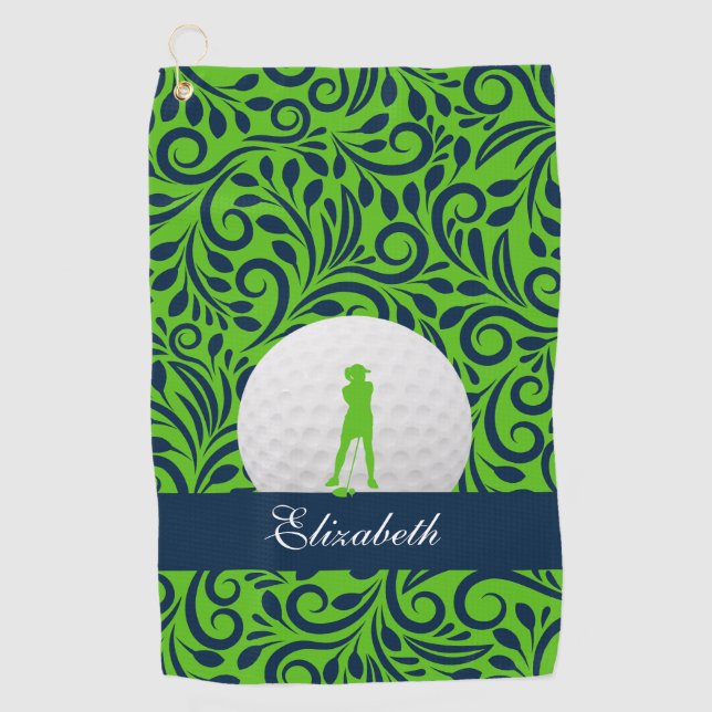 Custom Golfer Silhouette Green & Blue Pattern Golf Towel (Front)