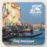 Custom Gondola Picture - Venice, Italy Coaster<br><div class="desc">Use any name or add a personal message to customise this elegant coaster. The picture shows a colourful gondola station and the winged Lion of Saint Mark,  which is the symbol and Coat of Arms of Venice,  Italy.</div>