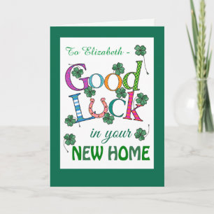 Custom Good Luck in New Home Four-leaf Clover Card