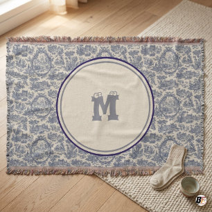 Custom Googly Eyes Monogram Vintage Blue Toile Wov Throw Blanket